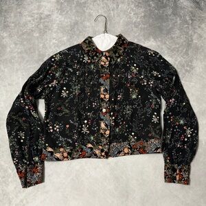ZARA Black Multicolor floral, Long sleeve Cropped snap-front top, Size M